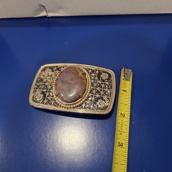 Red Coral Stone Cabochon Silver Tone Oval Belt Buckle Floral Engraved - Picture 8 of 8